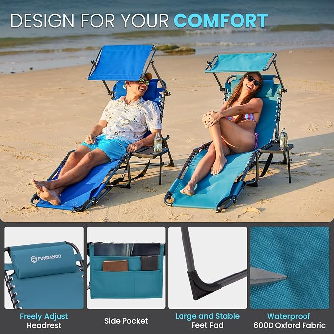 FUNDANGO 400lbs Heavy Duty Tanning Chair with Face Hole & Canopy, Cyan | Face Hole & Canopy, 400lbs Capacity, Side Table, 5-Position Sun Lounger, Anti-Pinch Safety Lock