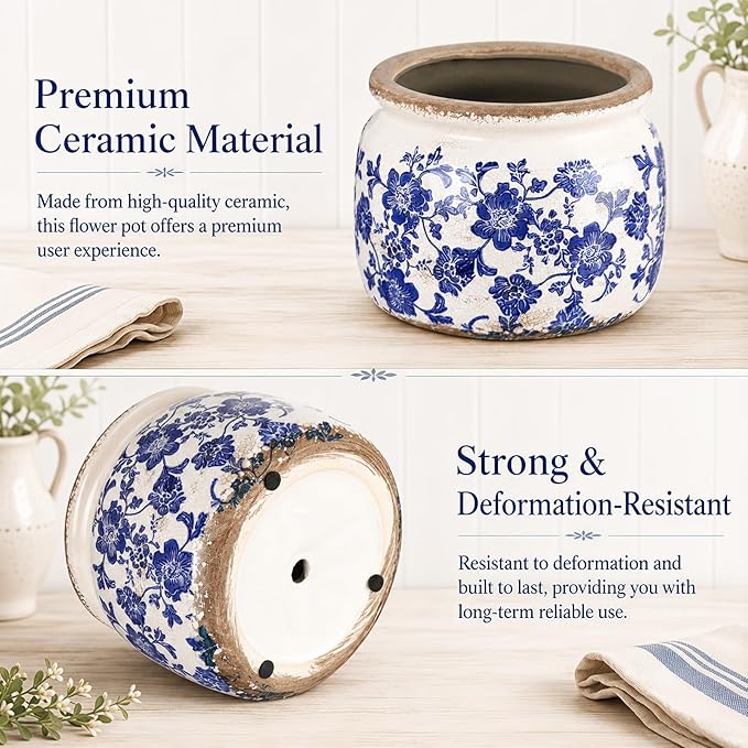 7.7" Large Vintage Ceramic Plant Pot Blue White Farmhouse Rose Crackle Glaze Rustic Flowers Planter Pot with Drainage for Indoor Outdoor Plants Kitchen Office Shelf Home Decor Gift
