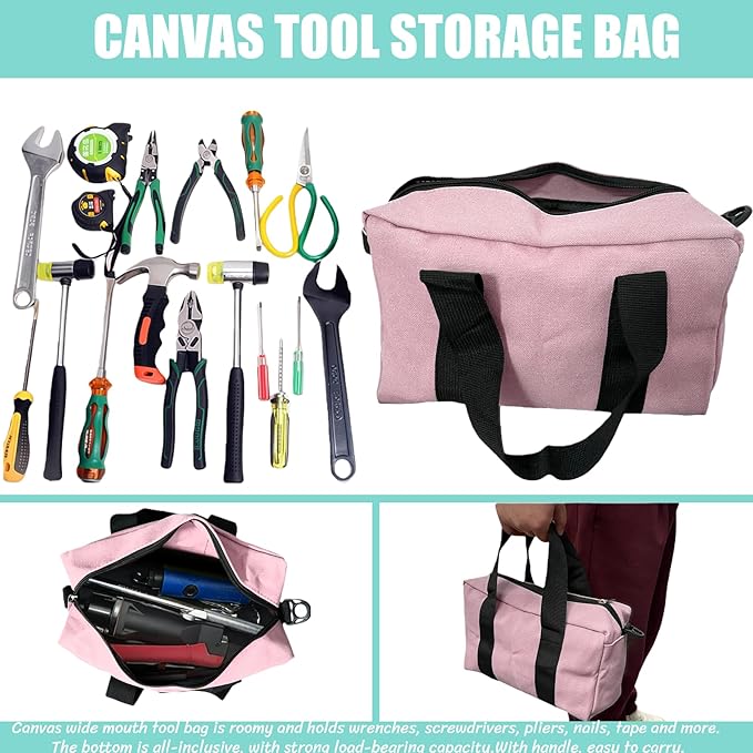 BLIRITEL 20 Inch Wide Mouth Tool Bag, Heavy Duty Canvas Tool Storage Bag, Large Capacity Handbag, Multi-function Tool Organizer Tote Bag for Storage Wrenches Pliers (Pink, 20 Inch)