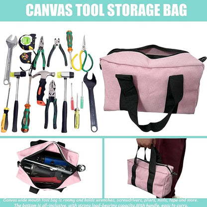 BLIRITEL 20 Inch Wide Mouth Tool Bag, Heavy Duty Canvas Tool Storage Bag, Large Capacity Handbag, Multi-function Tool Organizer Tote Bag for Storage Wrenches Pliers (Pink, 20 Inch)