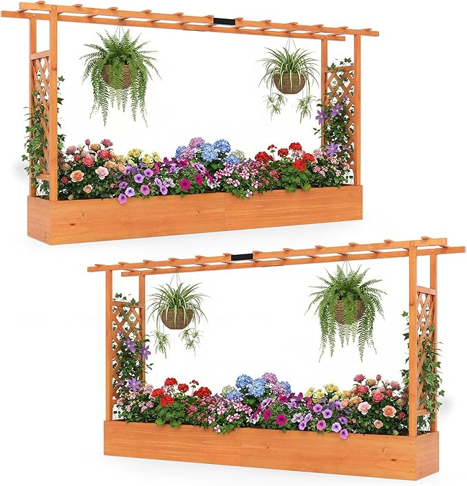 S AFSTAR Raised Garden Bed with Trellis, 2 Pieces Fir Wood Planter Box with Flat Roof & Drainage Holes, Vertical Planter Raised Bed for Climbing Plants, Flowers & Vegetables, 87" x 14" x 45" (Orange)