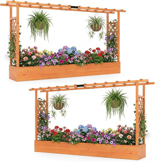 S AFSTAR Raised Garden Bed with Trellis, 2 Pieces Fir Wood Planter Box with Flat Roof & Drainage Holes, Vertical Planter Raised Bed for Climbing Plants, Flowers & Vegetables, 87" x 14" x 45" (Orange)