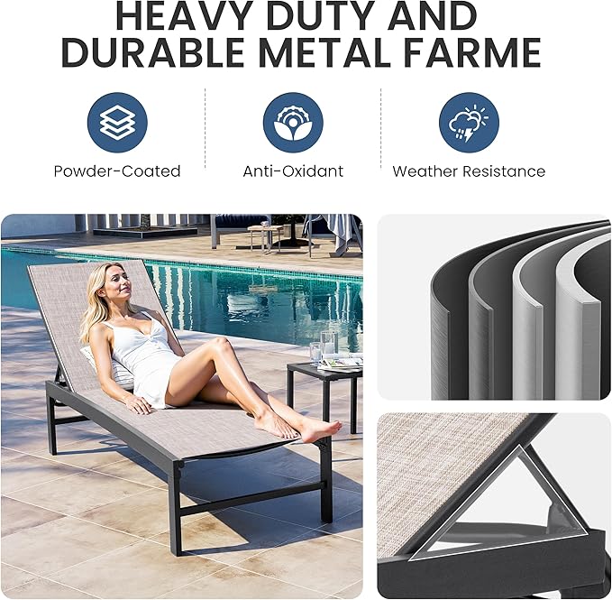 Crestlive Products Chaise Lounge Chair Outdoor Set of 2, Adjustable 5 Positions Pool Lounge Chairs, Metal Tanning Recliner, Outdoor Furniture All Weather for Patio, Beach, Yard, Pool