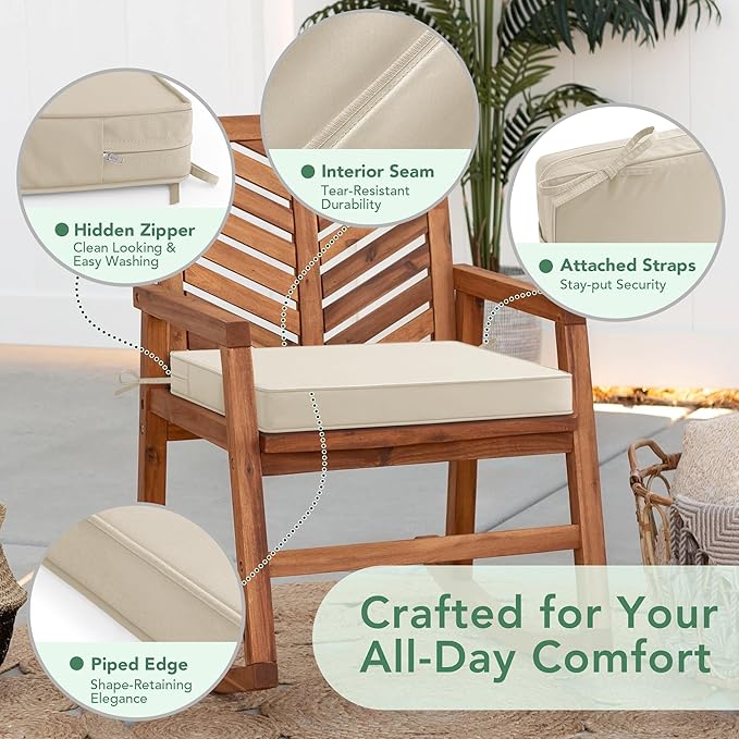 Outdoor Chair Cushions Set of 4: Waterproof & Fade Resistant Deep Seat Cushion for Patio Furniture - 24 x 24 x 3 Inch Chair Pads with Ties and Hidden Zipper - Patio Chair Cushion Replacement, Beige