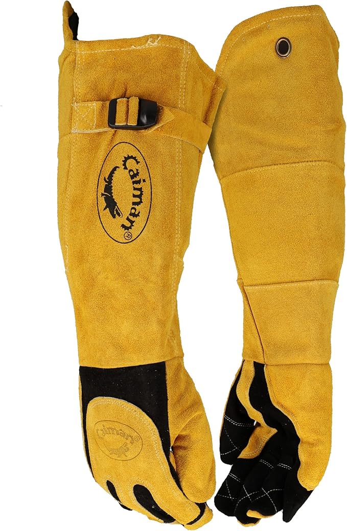 Caiman Premium Split Deerskin MIG/Stick Welding Gloves with Fleece/Foam Insulation, 21-inch length, Split Cowhide Leather Heat Shield Patch, Sock Lined Foam, Kevlar, Black/Gold, X-Large (1878-5)