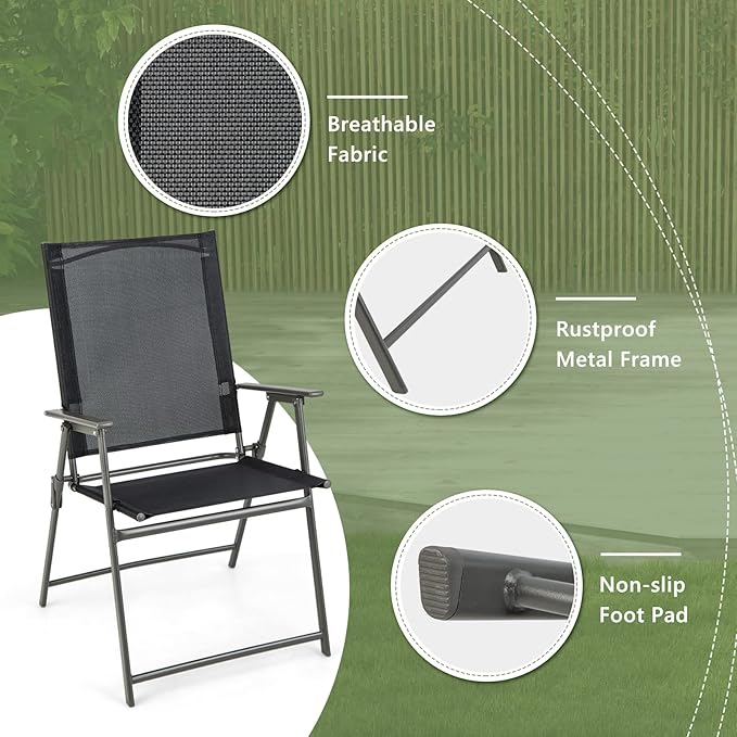 Giantex Patio Folding Chairs Set of 4, Outdoor Lawn Chairs with Rustproof Metal Frame, Portable Dining Chairs for Porch, Deck, Garden, Backyard, Camping