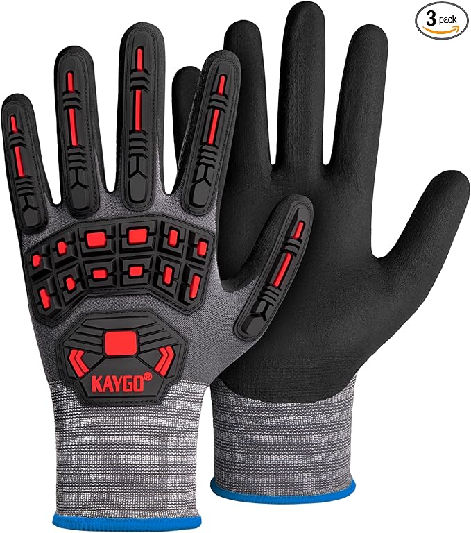 KAYGO Impact Reducing Work Gloves for Men, 3Pairs KG18N TPR Safety Work Gloves MicroFoam Nitrile Coated, Seamless Knit Nylon, Ideal for General Purpose, M