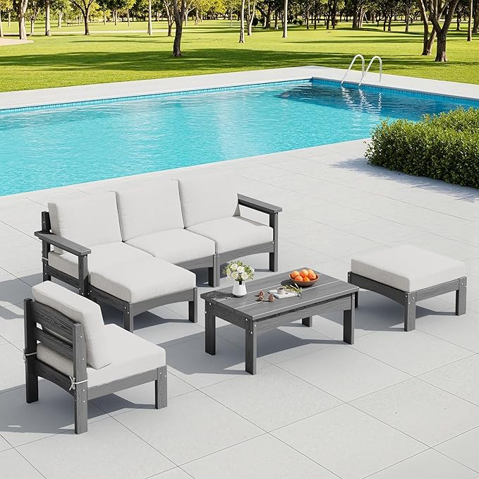 SERWALL 7-Piece Patio Sofa Set, Outdoor Furniture Set, All-Weather HDPE Outdoor Sectional Conversation Set Cushions and Coffee Table, Large Modular Sofas for Garden, Grey Frame with Khaki Cushion