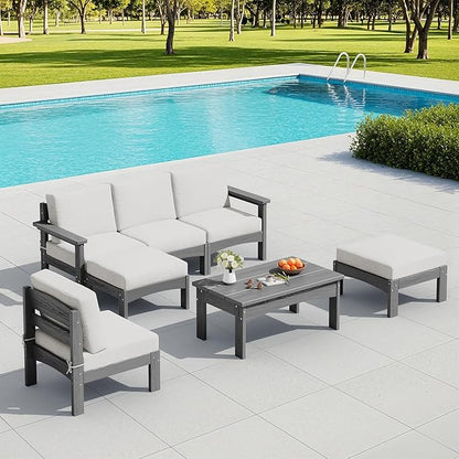 SERWALL 7-Piece Patio Sofa Set, Outdoor Furniture Set, All-Weather HDPE Outdoor Sectional Conversation Set Cushions and Coffee Table, Large Modular Sofas for Garden, Grey Frame with Khaki Cushion
