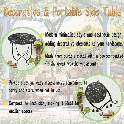 Outdoor Side Table, 14-inch Small Round Metal Patio Table with Flower Cut-Out Design, Modern Rust-Proof Portable End Table Patio Side Table for Outside Garden Balcony Yard & Indoor Use 1 Pack