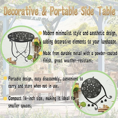 Outdoor Side Table, 14-inch Small Round Metal Patio Table with Flower Cut-Out Design, Set of 2 Modern Rust-Proof Portable End Table Patio Side Table for Outside Garden Balcony Yard & Indoor Use