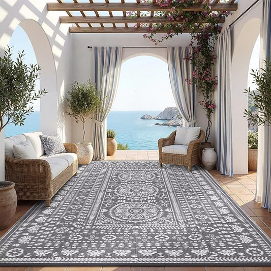 Garvee Reversible Outdoor Rug 9x12 for Patio, Waterproof Outdoor Area Rug, Modern Medallion Indoor Outdoor Rugs, Plastic Straw Rug for RV, Camping, Deck, Vintage Grey