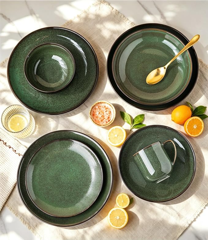 LERATIO Ceramic Dinnerware Sets for 4,16-Piece Reactive Glaze Plates and Bowls Set with Mugs,Highly Chip and Crack Resistant | Dishwasher,Microwave & Oven Safe Dishes set-Green