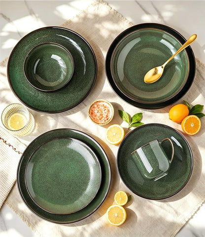 LERATIO Ceramic Dinnerware Sets for 4,16-Piece Reactive Glaze Plates and Bowls Set with Mugs,Highly Chip and Crack Resistant | Dishwasher,Microwave & Oven Safe Dishes set-Green