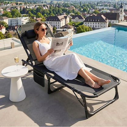ABORON 3-in-1 Folding Lounge Chair with Padded Cushion, 440LB Heavy-Duty 3-Fold Adjustable Recliner & Guest Bed, No Assembly Portable Chaise Lounge for Patio, Poolside, Office Nap & Camping