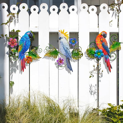 Metal Colorful Parrots Wall Art, 12 Inches Parrot Large Hanging Outside Decoration 3 Pack, Metal Bird Wall Christmas Decoration Gift, Decor Outdoor Decorations for Yard, Garden Ornaments Patio Outside Porch Christmas Decor