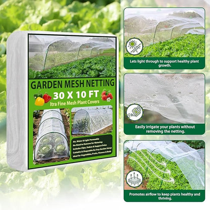 Garden Netting Kit 10×30 FT Ultra Fine Mesh Plant Protection Cover with 6 Sets Garden Hoops & 36 Clips, Garden Netting for Raised Beds, Physical Pest Barrier Netting for Vegetable Gardens & Row Covers