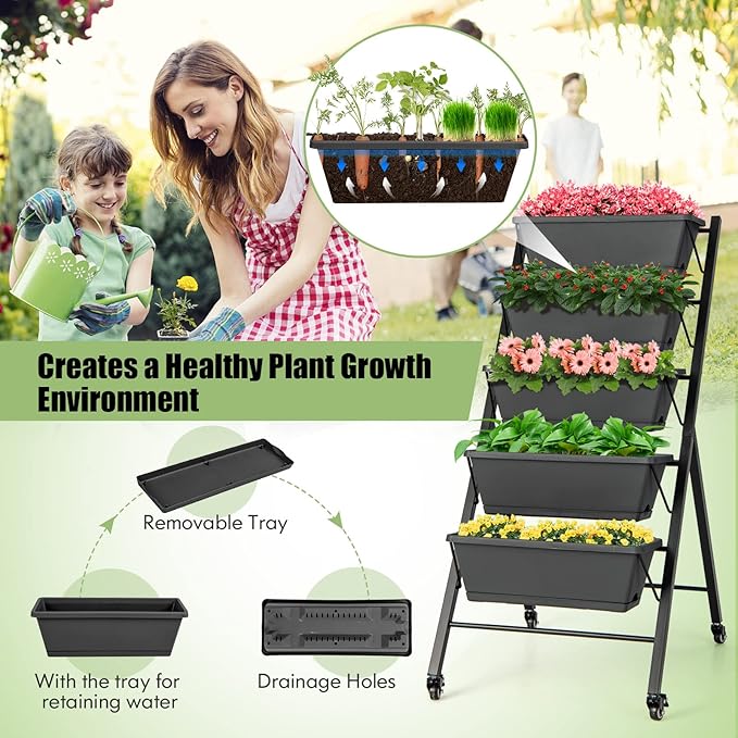 Vertical Garden Bed with Wheels, 5 Tier Raised Garden Bed w/Removable Planter Boxes, Lockable Wheels, Drainage Holes, Rolling Vertical Planter for Herb Vegetable Flower, Outdoor Patio Balcony