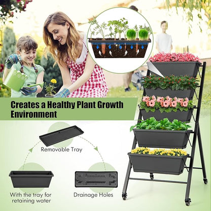Vertical Garden Bed with Wheels, 5 Tier Raised Garden Bed w/Removable Planter Boxes, Lockable Wheels, Drainage Holes, Rolling Vertical Planter for Herb Vegetable Flower, Outdoor Patio Balcony
