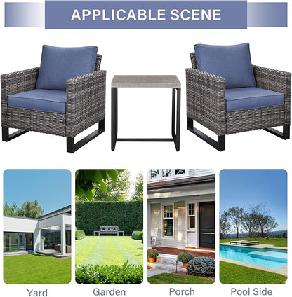 Rilyson Wicker Outdoor Patio Chairs Set - 3 Piece Rattan Patio Furniture Bistro Chairs Set with Waterproof Wicker,Comfortable Cushions and Sturdy Metal Frame for Porch Deck Backyard(Mixed Grey/Blue)