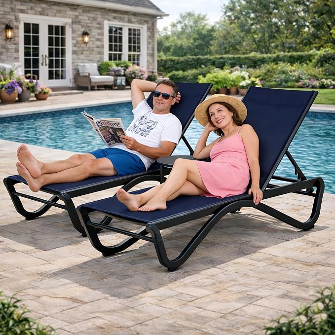 Kozyard Outdoor Chaise Lounge Chair, All Aluminum Frame and Textilene Fabric, Fully Flat Adjustable Reclining Patio Lounger for Poolside, Sunbathing & Backyard (NavyBlue)