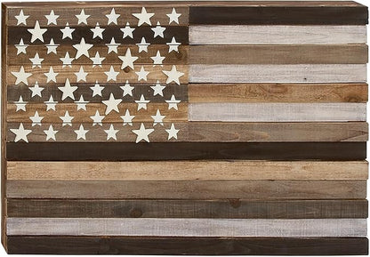 Deco 79 Wood American Flag Handmade Home Wall Decor Washed Wall Sculpture with Slatted Panels and Cream Stars, Wall Art 44" x 2" x 30", Brown
