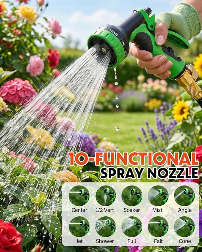 50ft Flexible Garden Hose, Lightweight Water Hose, NON-EXPANDABLE Garden Hose with 10 Function Sprayer Nozzle, Kink-Free Triple-Layer Composite Watering Hose for Yard, Lawn, Outdoor and Car Washing