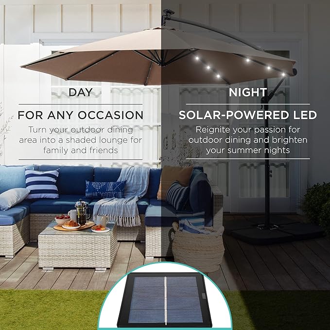 Best Choice Products 10ft Solar LED Offset Hanging Market Patio Umbrella for Backyard, Poolside, Lawn and Garden w/Easy Tilt Adjustment, Polyester Shade, 8 Ribs - Tan