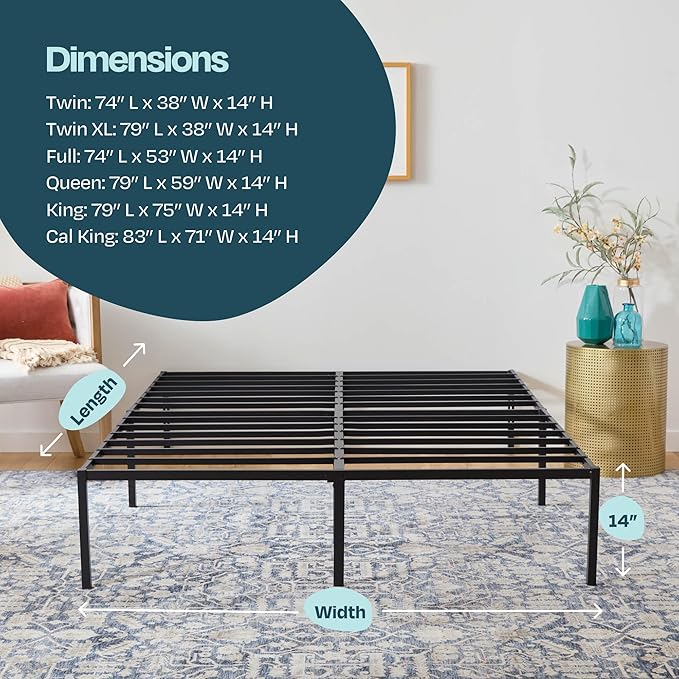 Linenspa Heavy Duty Metal Platform Bed Frame - No Box Spring Needed - Underbed Storage - Simple Toolless Assembly - 14” High - Sturdy - Steel Slats - Sleek Modern Design - Twin XL Size