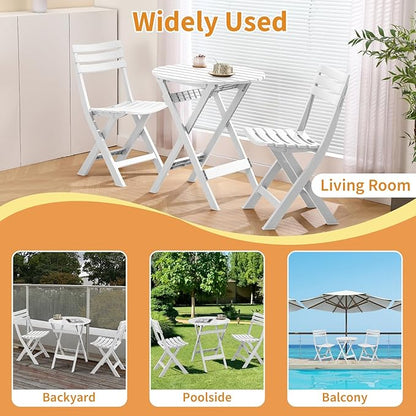 Plastic Folding Bistro Set, 3 Piece Patio Bistro Set, Portable Indoor Outdoor Table and Chairs with Backrest, Foldable Patio Furniture Set for Balcony, Porch, Backyard, Garden,Poolside (White)