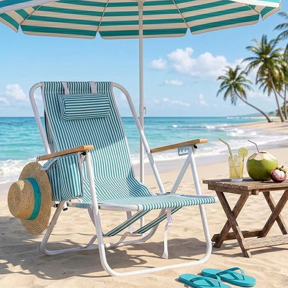 Outvita 2 Pack Folding Beach Chair, 4 Position Adjustable Reclining Lounge Chair with Padded Headrest, Large Rear & Side Storage Pockets, Lightweight Portable Outdoor Chair for Beach Pool Garden BBQ