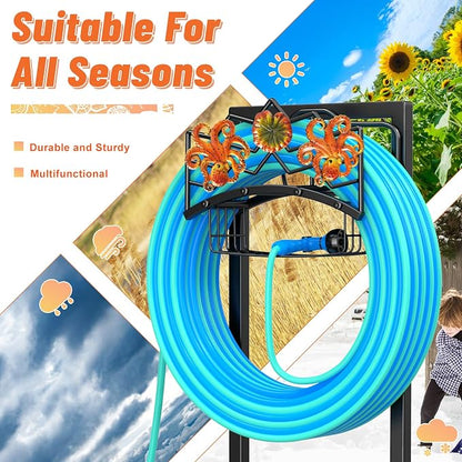Garden Hose Holder for Outside, Freestanding Water Hose Holder Storage with Storage Basket, Heavy Duty Metal Hose Reels Hanger Stand Organizer with 4 Spikes for Yard Lawn Black
