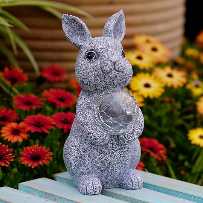 Solar Garden Outdoor Statues Bunny with Gazing Ball - Outdoor Decor Garden Rabbit Statue for Patio, Balcony, Yard, Lawn Ornament - Unique Housewarming Gifts