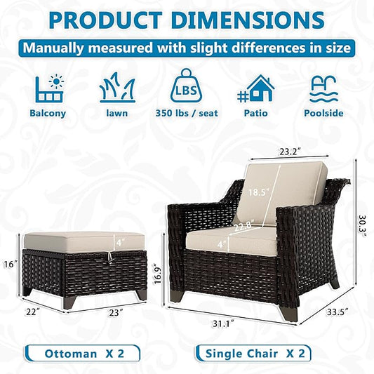 VistaVibe 4 Pieces Outdoor Patio Conversation Furniture Set - 2 Luxurious Armchairs | 2 Wicker Ottomans, Removable Cushions, Hand-Woven PE Rattan, Office, Porch (Brown/Beige)