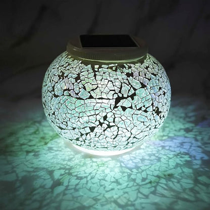 Color Changing Solar Powered Mosaic Glass Ball Lights, Rechargeable Solar Lantern Table Lights, Waterproof LED Garden Night Lights for Patio Yard Outdoor Decor (White)