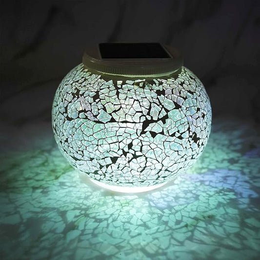 Color Changing Solar Powered Mosaic Glass Ball Lights, Rechargeable Solar Lantern Table Lights, Waterproof LED Garden Night Lights for Patio Yard Outdoor Decor (White)