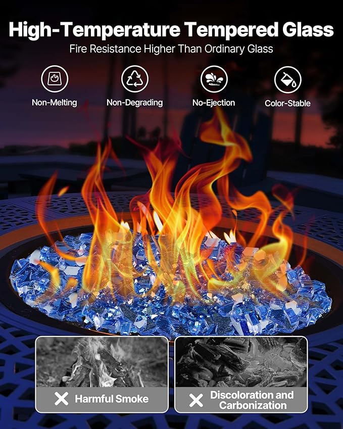 VEVOR Fire Glass, 10LBS / 4.5KG High-Temperature Resistant Fireplace Rocks, 1/4-Inch / 6.35 mm Reflective & Smokeless Firepit Glass Rock, High Luster Stone Landscaping for Fire Pit Table, Cobalt Blue