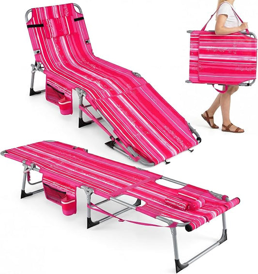 Giantex Set of 2 Tanning Chair, 5-Position Adjustable Beach Chair with Face & Arm Hole, Hand/Shoulder Strap, Removable Pillow, Side Pocket, Load 330 Lbs, Sunbathing Chairs, Lounge Chairs Outdoor