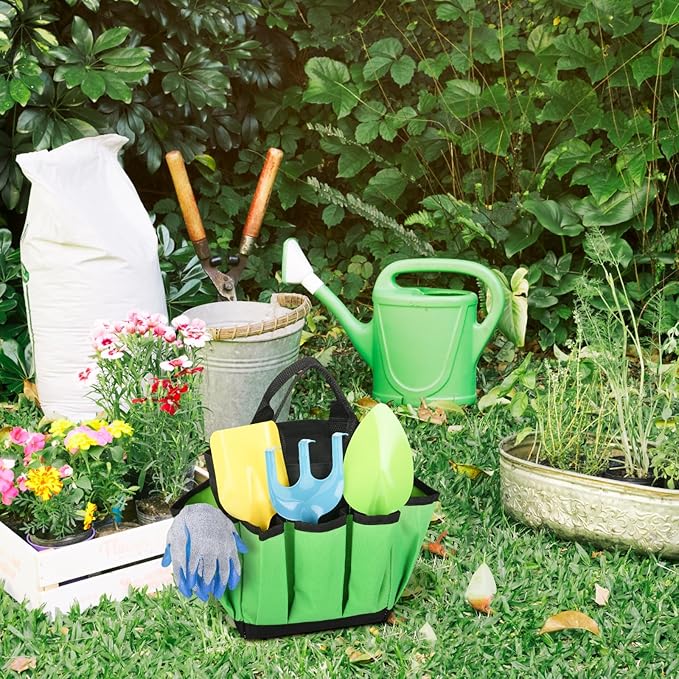 Small Garden Tool Bag Waterproof Gardening Hand Tool Storage Bag Heavy Duty Oxford Tote Organizer Bag with 8 Pockets, Garden Utensil Handbag for Women Men (Green)