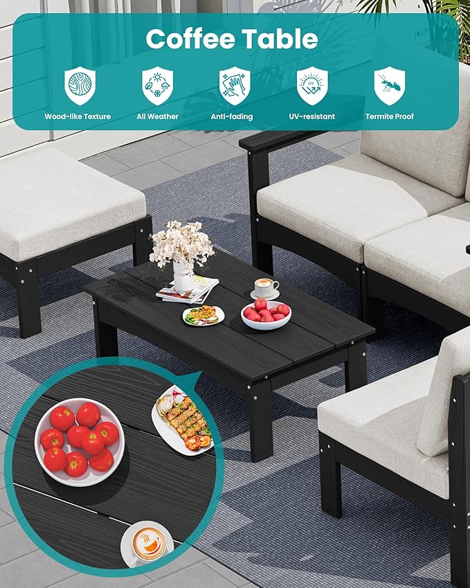 SERWALL 5-Piece Patio Sofas, All-Weather HDPE Outdoor Sectional Sofa with Cushions and Coffee Table, Large Modular Patio Conversation Set for Garden, Lawn, Deck, Porch, Black Frame with Khaki Cushion