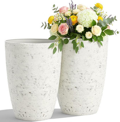 19.5"H Resin Tall Planters for Outdoor Indoor Use, 2-Pack Large Flower Pots, Weather-Resistant Plant Container for Garden Yard Porch or Home Décor, Handcrafted Birch Bark Texture, Country White