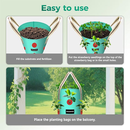 3 Pack 3 Gallon Hanging Strawberry Planter Bags, 12 Holes PE Grow Bags with Bottom Drainage, Reusable Vertical Planters for Small Space Gardening(Green)