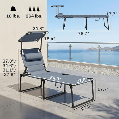 Outsunny Outdoor Lounge Chair, Adjustable Backrest Folding Chaise Lounge, Cushioned Tanning Chair with Sunshade Roof & Pillow Headrest for Beach, Camping, Hiking, Gray