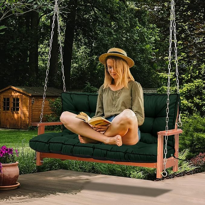 Swing Replacement Cushions with Backrest, 2 or 3 Seater Waterproof Non-Slip Overstuffed Swing Pad, Indoor/Outdoor Bench Cushion for Porch Chair Swing Garden Furniture (Dark green, 40 * 70.8in)