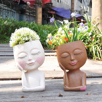Large Face Flower Pot Head Planter for Indoor and Outdoor Cute Plant Pots with Drainage Hole Resin Cactus Plant Holder Succulent Pots for DIY