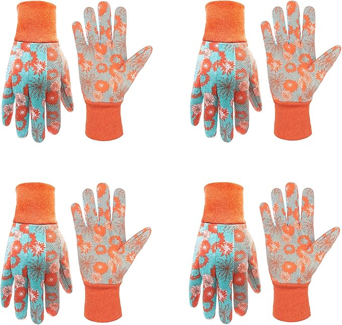 HANDLANDY 4 Pairs Women Garden Gloves, Cotton Ladies Soft Jersey Gardening Gloves with PVC Dots, Floral Yard Work Gloves