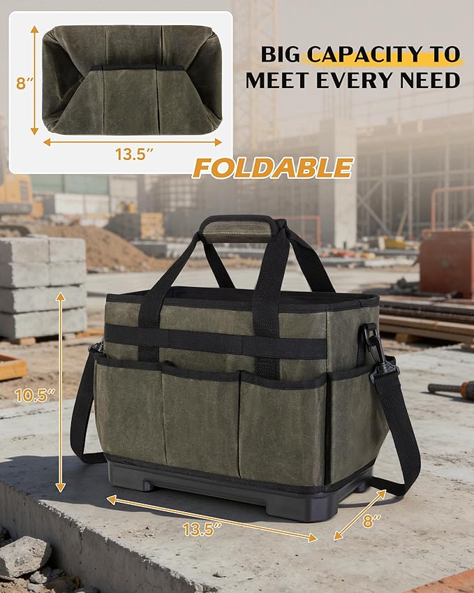 Marscamd Waxed Canvas Tool Bag with Hard Bottom and 8 Pockets, Large Tool Tote with Shoulder Strap for Tools & Gardening, Dark Green