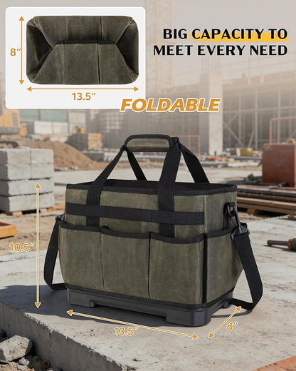 Marscamd Waxed Canvas Tool Bag with Hard Bottom and 8 Pockets, Large Tool Tote with Shoulder Strap for Tools & Gardening, Dark Green