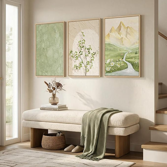 Framed Sage Green Landscape 3 Piece Wall Art for Living Room, Neutral Beige Mountain Botanical Print Canvas Artwork for Walls, Modern Nordic Rustic Nature Wall Decor for Bedroom Home Office, 16x24 In
