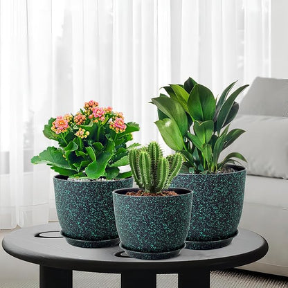 Plant Pots 10/9/8 inch, Set of 3 Modern Decorative Plastic Planters with Drainage Holes and Saucers for Garden House Plants, Flower Pots for Indoor Outdoor Plants, Black with Green Speckles
